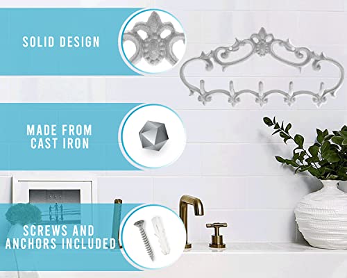 Comfify Cast Iron Wall Mounted Hanger Vintage Design With 5 Hooks - Keys, Towels, Coats Etc - Wall Mounted, Metal, Heavy Duty, Rustic, Vintage, Decorative Gift Idea - 12.6X5.9” - Rustic White #TOP5