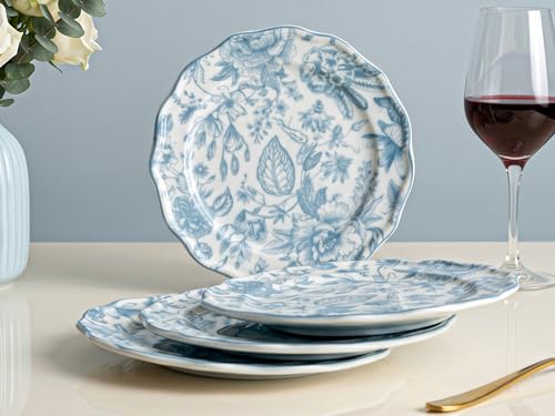 Image of Bodhi House 4-Piece Blue Leaf White Porcelain Quarter Plates Set | Snack & Dessert Plates | Lightweight, Chip Resistant, | Microwave & Dishwasher Safe | Elegant Tableware for Dining & Gifting