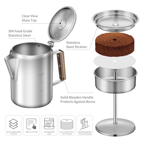 Image of Coffee Percolator with 100pcs Coffee Filters - 9 Cups | Durable Stainless Steel Material Camping Coffee Pot| Brew Coffee On Fire, Grill or Stovetop | Ideal for Home, Camping