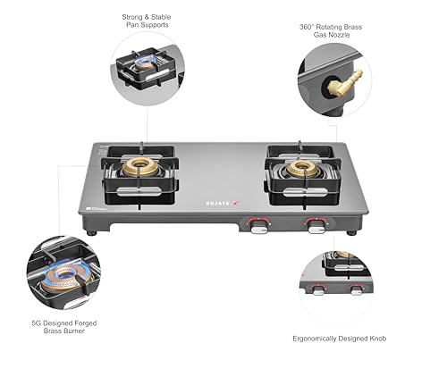 Image of Sujata Regal Manual Gas Stove 2 Burners Glass Top | 9 Years Warranty | Gas Stove with Brass Burners | SABAF Technology | ISI Certified | LPG & PNG Compatible | 360 Rotating Brass Nozzle (Black)
