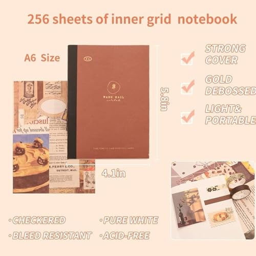 Image of VOTDOT (346Pcs) Paper Junk Journal & Scrapbook Kit, Scrapbooking Supplies Kit with Creative Decor Journaling Supplies, Stationery, Stickers, A6 Grid Notebook with Graph Ruled Page Gift for Girl (Brown Scrapbook)