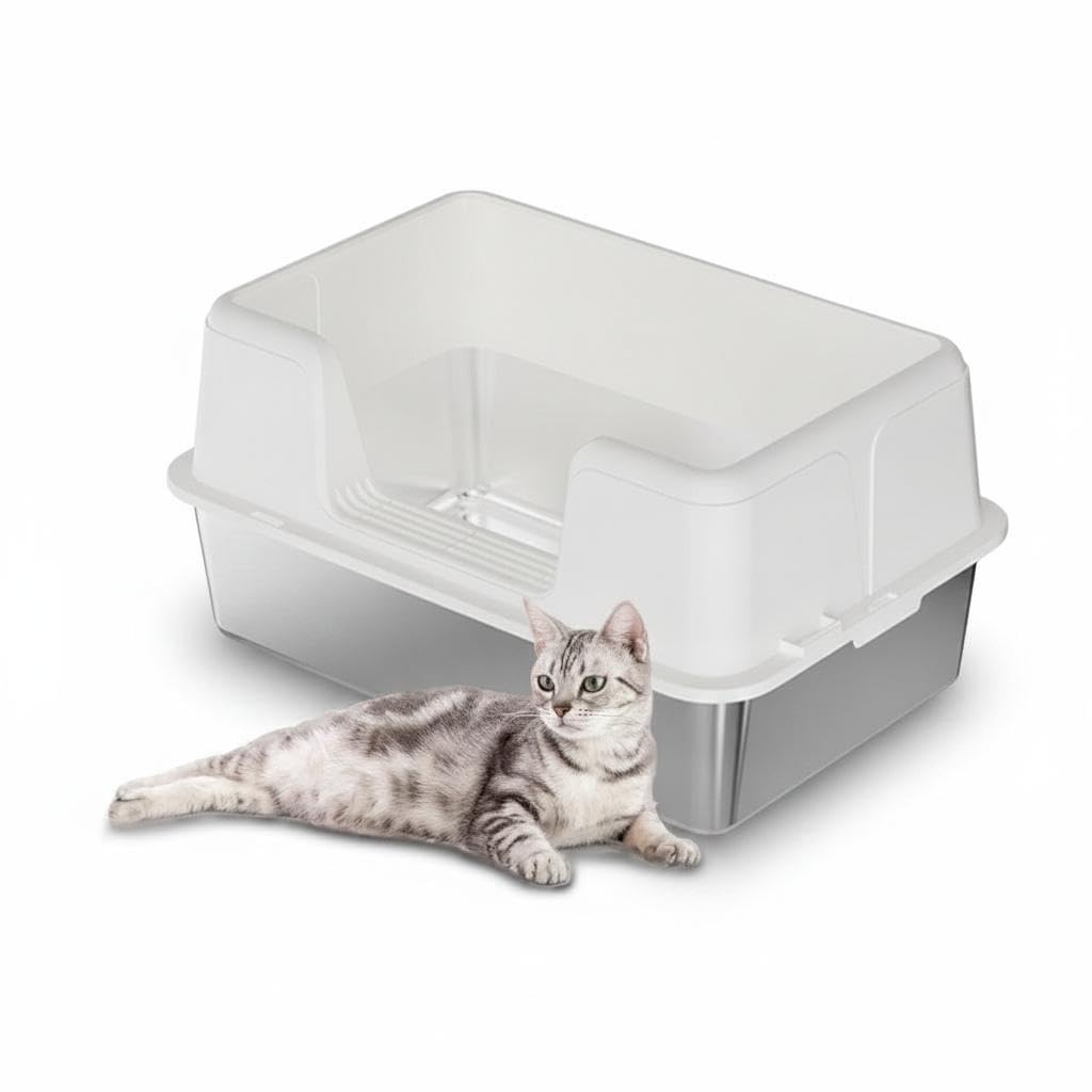 60x40x31.5 cm Stainless Steel Cat Litter Tray with Scoop, Non-Slip Mat