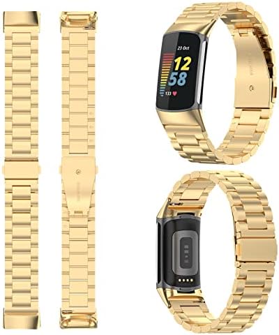 Seltureone Compatible for Fitbit Charge 5 Band, Adjustable Solid Stainless Steel Wristband Metal Watch Link Replacement Bands for Fit bit Charge 5 Fitness Wellness Tracker Strap Men Women, Gold