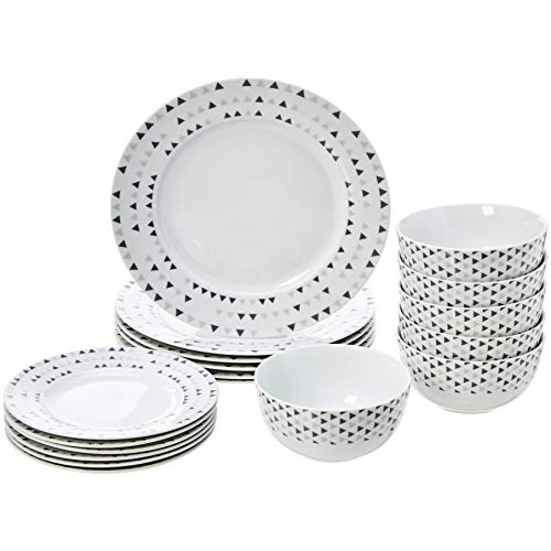 Amazon Basics 18-Piece Kitchen Dinnerware Set, Plates, Dishes, Bowls, Service for 6, Triangle Accent