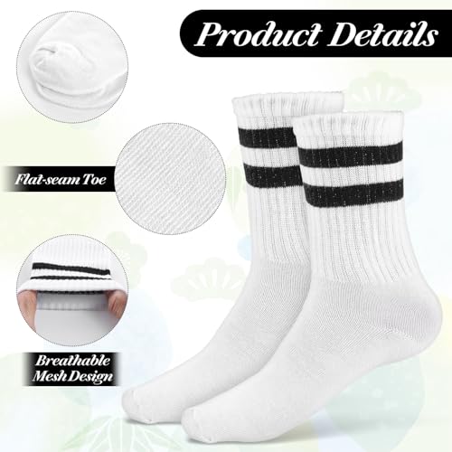 3 Pairs Striped Trim Casual Crew Socks, White Casual Athletic Socks Vintage Retro Gym Running Socks for Women Men3