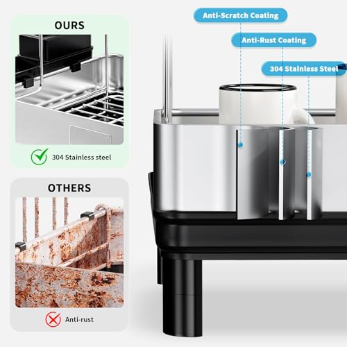 Image of Ewaiira Dish Drying Rack, 2 Tier Large Dish Rack, Stainless Steel Dish Drainer for Kitchen Counter, Dishes Rack with Automatic Drainage, Utensil Holder,Cups Holder,Space Saving Kitchen Organizer,Black