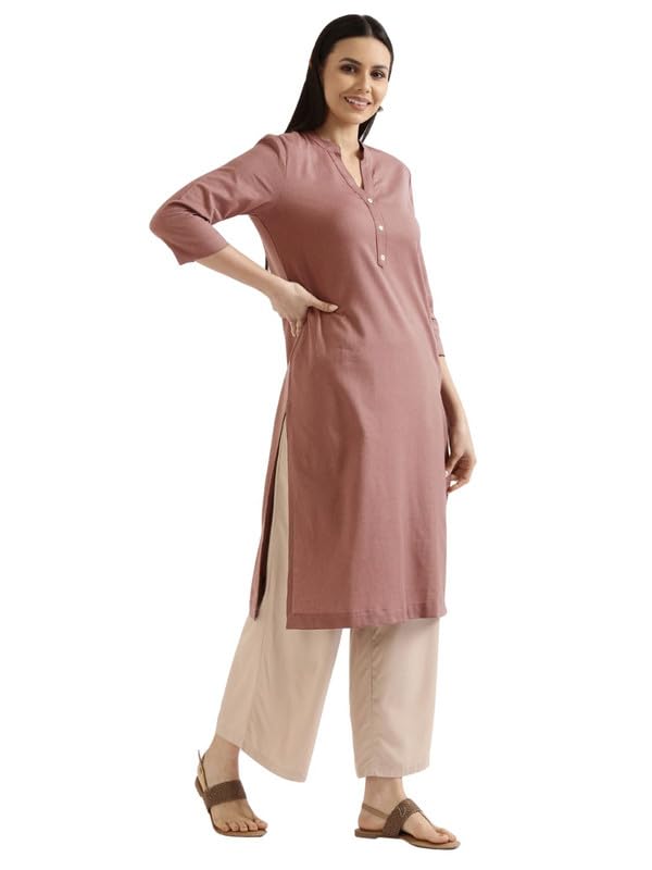 Image of SAADAA Women's Linen Blend Long Kurta with Viscose Palazzo Set | Straight Fit Kurta with Wide Leg Palazzo | Solid Ethnic Co-ord Set for Office & Casual Wear