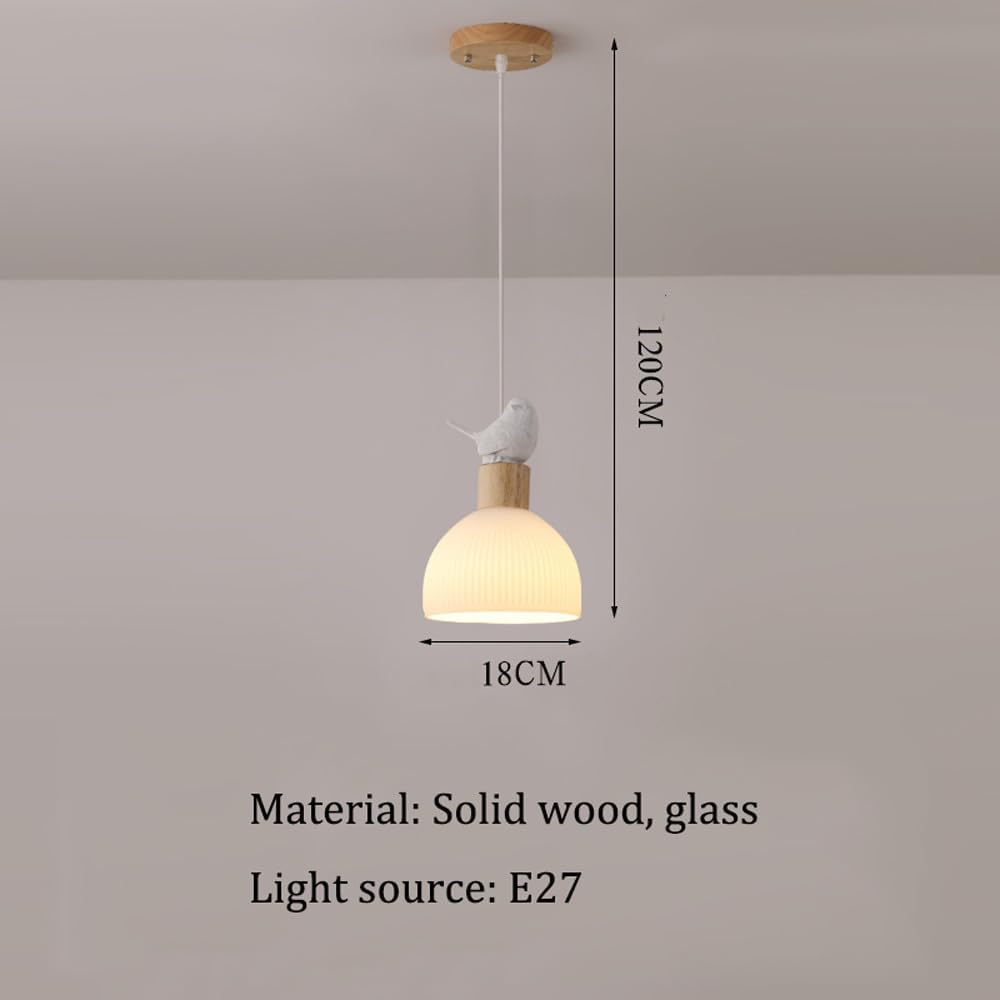 Ribbed Glass Dome Pendant Light Fixture 3-Light White Milk Glass Pendant Lighting for Kitchen Island Vintage Wood Bird Ceiling Hanging Lamp Farmhouse Chandelier for Dining Room Bedroom