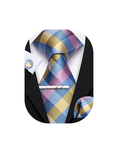 Image of YOHOWA Men Plaid /Striped Ties Set Silk Business Wedding Formal Fashion Necktie and Pocket Square Cufflinks Set