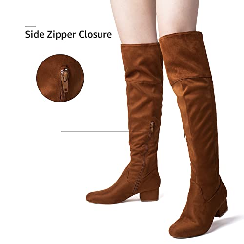 Katliu Women's Knee High Boots Suede Chunky Heel Side Zipper Fashion Boots Stretch Winter Long Boot Brown #TOP2
