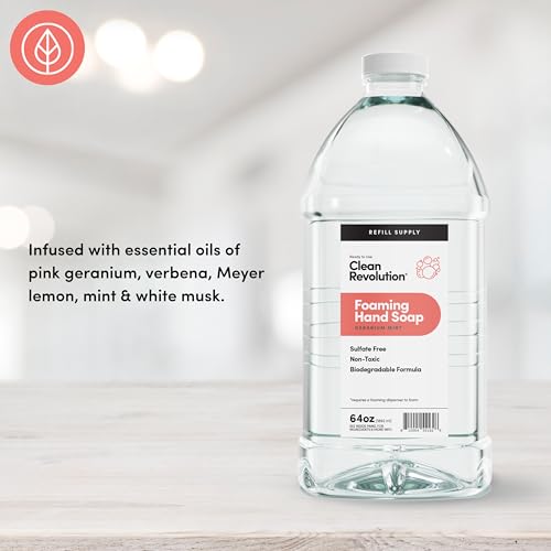 Image of Clean Revolution Foaming Hand Soap, Gentle, Moisturizing, Ready To Use Formula, Real Essential Oils, Gluten Free, Geranium Mint, 64 Fl Oz