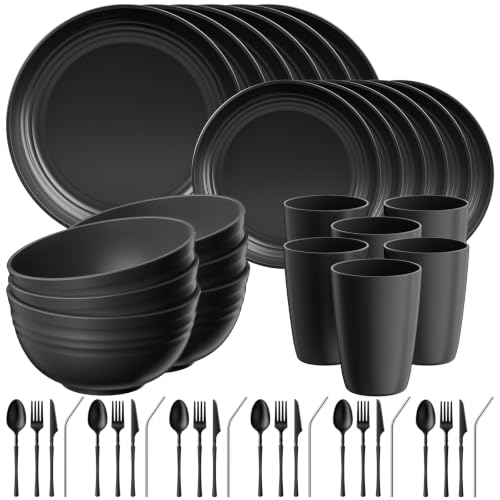 Quatish Juego de Platos y Bowls de Plástico de 48 Piezas para 6 Personas, Juegos de Vajilla, Negro