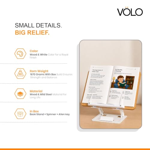 Image of VOLO Book Stand Holder - Portable Adjustable & Foldable Book Holder for Desk, Cookbook, Recipe Book, Textbook & Music Reading Stand (Wooden)