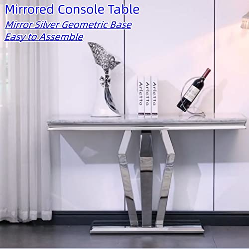 Acedécor Modern Console Table, Mirrored Sofa Table With Geometric Steel Base, Silver Narrow Console Table For Entryway, Rectangular Console Table For Living Room, Office, Coffee Bar, Front Hall #TOP3