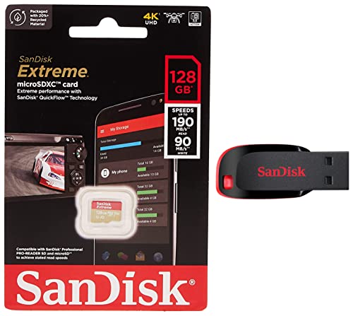 Image of SanDisk Extreme microSD UHS I Card 128GB for 4K Video on Smartphones,Action Cams 190MB /s Read,80MB /s Write & Cruzer Blade 64GB USB 2.0 Flash Drive