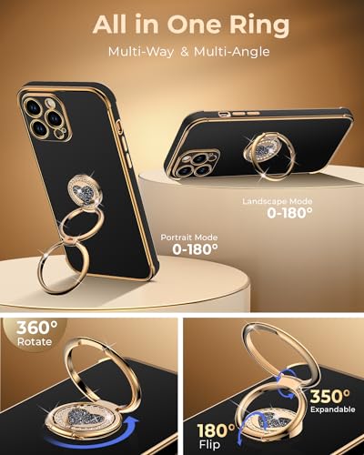 Image of XYZ for iPhone 13 Pro Back Cover Case with Stand, Phone Case with Double Ring Kickstand, for Girls Women, Luxury Cute Bling Protective Phone Cover Case for iPhone 13 Pro, Black | Double Ring Holder, Cute Love-Heart, Phone Chain Wristlet, Wrist Strap, Women Girls Bling Luxury Protective Case, Black