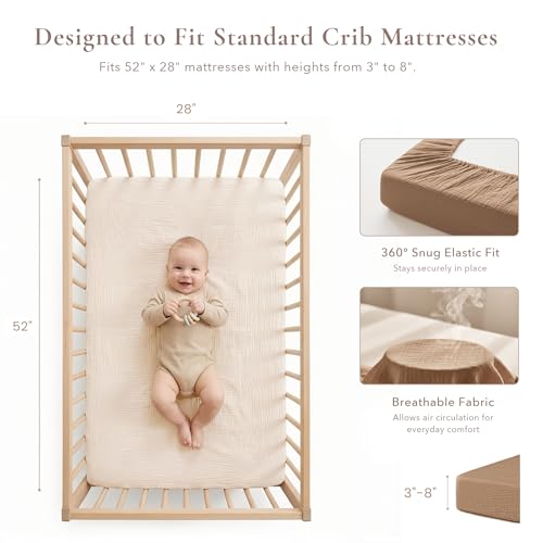 Image of Konssy Muslin Crib Sheets for Girl Boy, 2 PCS Soft and Breathable Cotton Baby Sheets for Standard Crib Mattress, 52 inchx 28 inch (Brown, Cream)