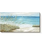 Beach Sea Canvas Wall Art: Coastal Reed Hand Painting Abstract Blue Ocean Sailboat Nautical Pictu...