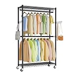 SONGMICS Rolling Portable Wardrobe, Heavy-Duty Metal Clothes Rack on Wheels, with Adjustable Shelves and Hanging Rails, Hooks, 40 x 90 x 199 cm, Ink Black LGR416BH01