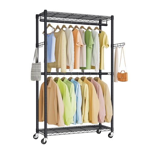 Recopilación de Rack para Ropa Desarmable los 10 mejores. 47 SONGMICS Perchero Móvil Resistente, Burro de Ropa con Ruedas, Baldas de Malla, Barras Colgantes, Ganchos, 40 x 90 x 199 cm, Negro Tinta MLGR416BH01