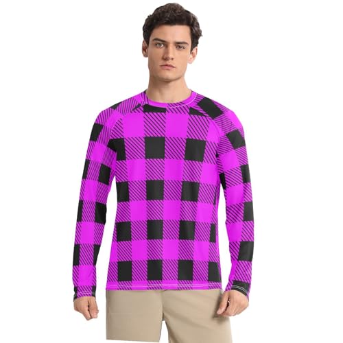 Purple Black Plaid UPF 50+ Sun Shirts for Men Breathable Elasticity Long Sleeve UV Sun Protection Summer
