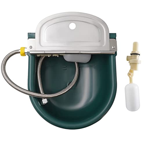 MINYULUA Automatic Waterer Bowl Large Horse Watering Bowl with Float Valve, Drain Plug & Braided Hose, Livestock Water Trough for Dog Goat Cattle Sheep Pig, Dark Green