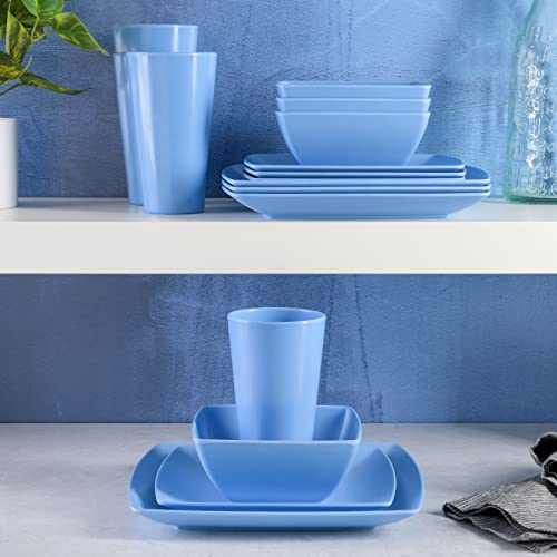Gibson Home Soho Grayson Square Melamine Dinnerware Set, Service For Four (16Pcs), Light Blue #TOP4