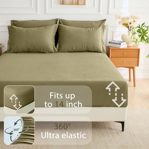 MUXHOMO 7 Pieces Queen Comforter Set, Soft Bed in a Bag Queen Size, All Season Bedding Set with Comforter, Flat Sheet, Fitted Sheet, Pillowcases & Shams, Olive Green