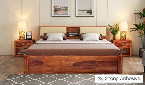 Image of Sheesham Solid Wood Honey Finish Walken King Size Bed Open Dual Storage for Bedroom Room (King, Honey)