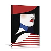 SIGNWIN Canvas Wall Art A Young Women in Geometric White Stripe Shirt with Red Lipstick and Hat People Fashion Pop Art Chic Portrait Colorful for Living Room, Bedroom, Office - 12x18 inches