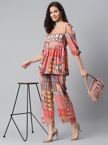 Image of DEEBACO Women's Geometric Print Rayon Top & Pants Co Ord Set For Women V Neck 3 /4 Puff Sleeve Ladies Party Casual Wear Fashionable For Girls Loose Fit Cord Set (DBCOMR00000983 M Multicolor)