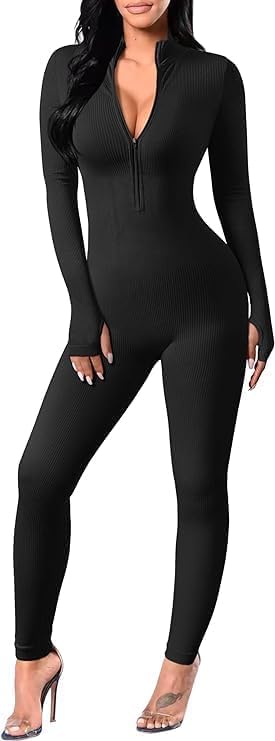 Yaaapiy Mono deportivo largo ajustado para mujer, de manga larga, cuello en V, con cremallera, para correr, con pantalones, Negro , M