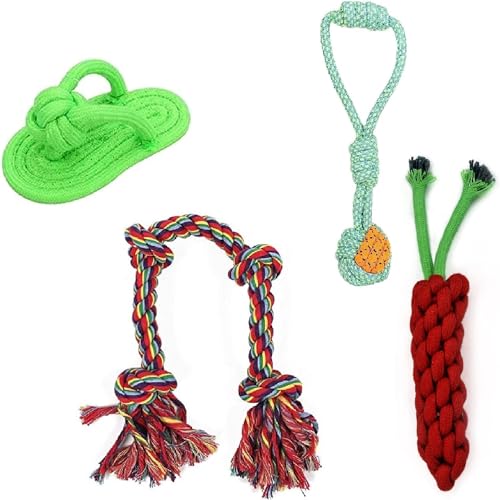 MJ Vision Juego de 4 juguetes de cuerda para perros para masticadores agresivos, entrenamiento de dentición, juguetes casi indestructibles, cuerda de algodón 100% natural para perros pequeños y