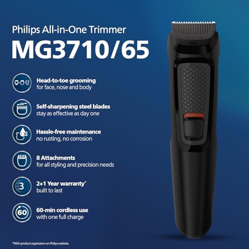 Philips India's No.1 Men's Trimmer| Self Sharpening Blades| Single Stroke Grooming I 9 in1 Face, Nose and Body I 3 year warranty | Powerful motor| I No Oil Needed I 60 min... - Image 3