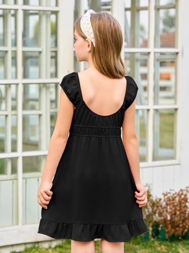 Haloumoning Girls Summer Dresses Kids Cap Sleeve Square Neck Elastic Waist A-Line Flowy Dress 7-14 Years4