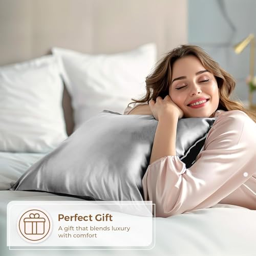 Image of Premium Satin Pillowcase Set of 2 with Eye Mask & 3 Scrunchies | Silky Soft, Anti-Frizz, Skin & Hair Care Sleep Set | Luxury Gift Combo for Women & Girls (Gray)