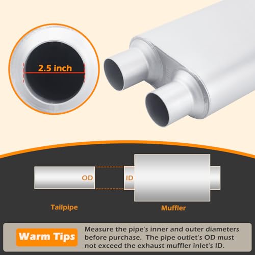 Image of A-KARCK Universal Exhaust Muffler 2.5 inch Dual Inlet 2.5 inch Dual Outlet, 23 inch Overall Length Aluminized Steel Aggressive Sound Race Muffler for Cars, Trucks