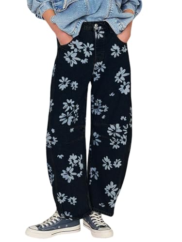 CHARTOU Floral Barrel Jeans Women Y2k Baggy Wide Leg Pants Patchwork Boyfriend Cargo Printed Denim Jeans