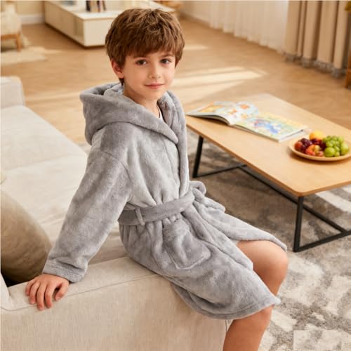 Image of Boys Girls Bathrobes,Toddler Boy Girl Robes,Children's Plush Soft Coral Fleece Hooded Pajamas Sleepwear for Kids