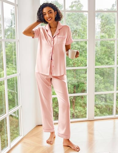 Image of Ekouaer 2 Piece Satin Short Sleeve Pajamas Set Button Down Sleepwear | Soft Pjs Set Classic Loungewear for Wedding, Party, Home, Daily Wear, Date Nights
