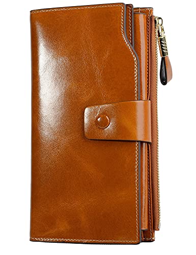 Women's RFID Blocking Wallet, Large Capacity Leather Bifold, 21 Card Slots, Snap Closure, Fits Phone, Card Holder