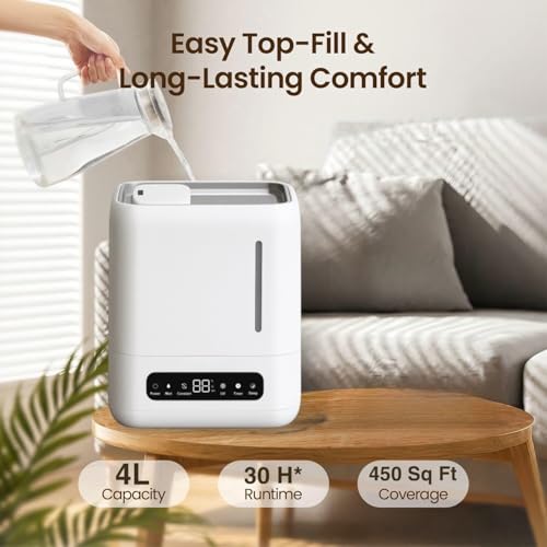 Image of BREEZOME Smart Ultrasonic Humidifier and Aroma Difuser, 4L Cool Mist Top Filling Humidifiers for Home & Bedroom, 360 Nozzle Auto Shut-Off with Timer,LED Display, Remote Control (White, 6 l)