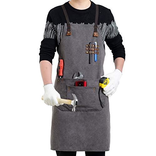 Flipzon Work Apron for Men Women Heavy Duty Canvas Leather Mens Apron Shop Apron Woodworking Apron with Tool Pockets,Smart Cross-Back Straps Design,Adjustable S to XXXL (Grey)