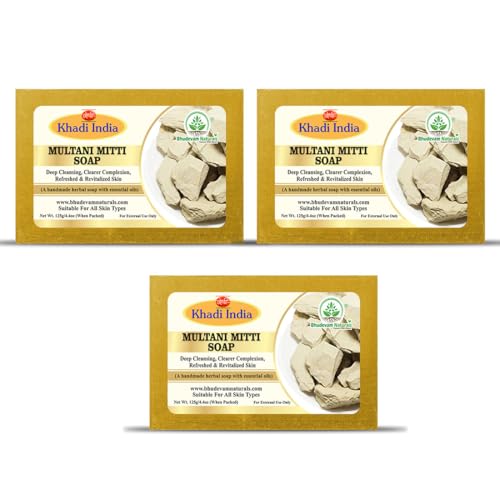 Image of Khadi Organic and Natural Multani Mitti Soap for Oily & Acne-Prone Skin | Deep Cleansing Herbal Bathing Bar with Fuller's Earth By Bhudevam Naturals | Suitable for All Skin Types (Pack of 3)