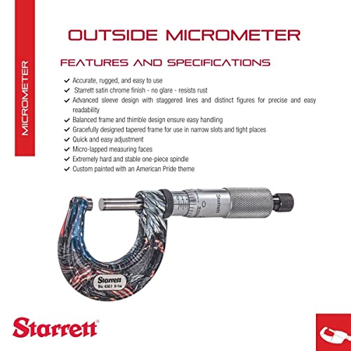 Starrett Outside Micrometer With One-Piece Spindle, Satin Chrome Finish And Advanced Sleeve Design - American Pride Theme, 0-1" Range, 0001" Graduations - Apt436.1Xrl-1 #TOP1