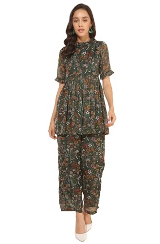 Image of Janasya Women's Green Chiffon Lurex Floral Printed Co-ord Set