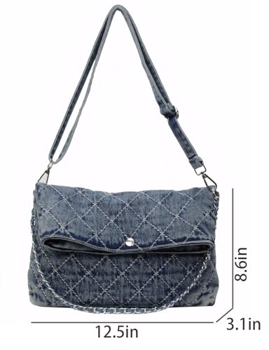 Quilted Denim Crossbody Shoulder Bag for Women Vintage Jean Casual Purse with Adjustable Strap Chain3