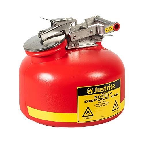 Image of Justrite 14265 Polyethylene Safety Liquid Disposal Can with Stainless Steel Hardware and Built-in Fill Gauge, 2 Gallon Capacity, Red