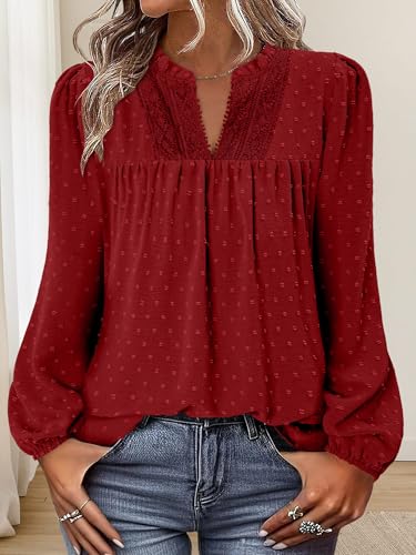 BETTE BOUTIK Women Boho Long Sleeve Shirts Dressy Casual V Neck Fall Fashion Tops Swiss Dot Flowy Blouses