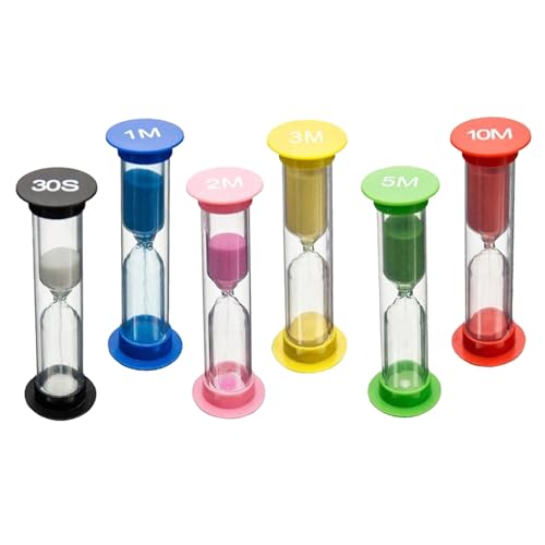 Lot de 6 sabliers colorés pour enfants - 30 secondes, 1/2/3/5/10 min, 6 couleurs, sabliers pour salle de classe, cuisine, jeux et décoration de bureau à domicile